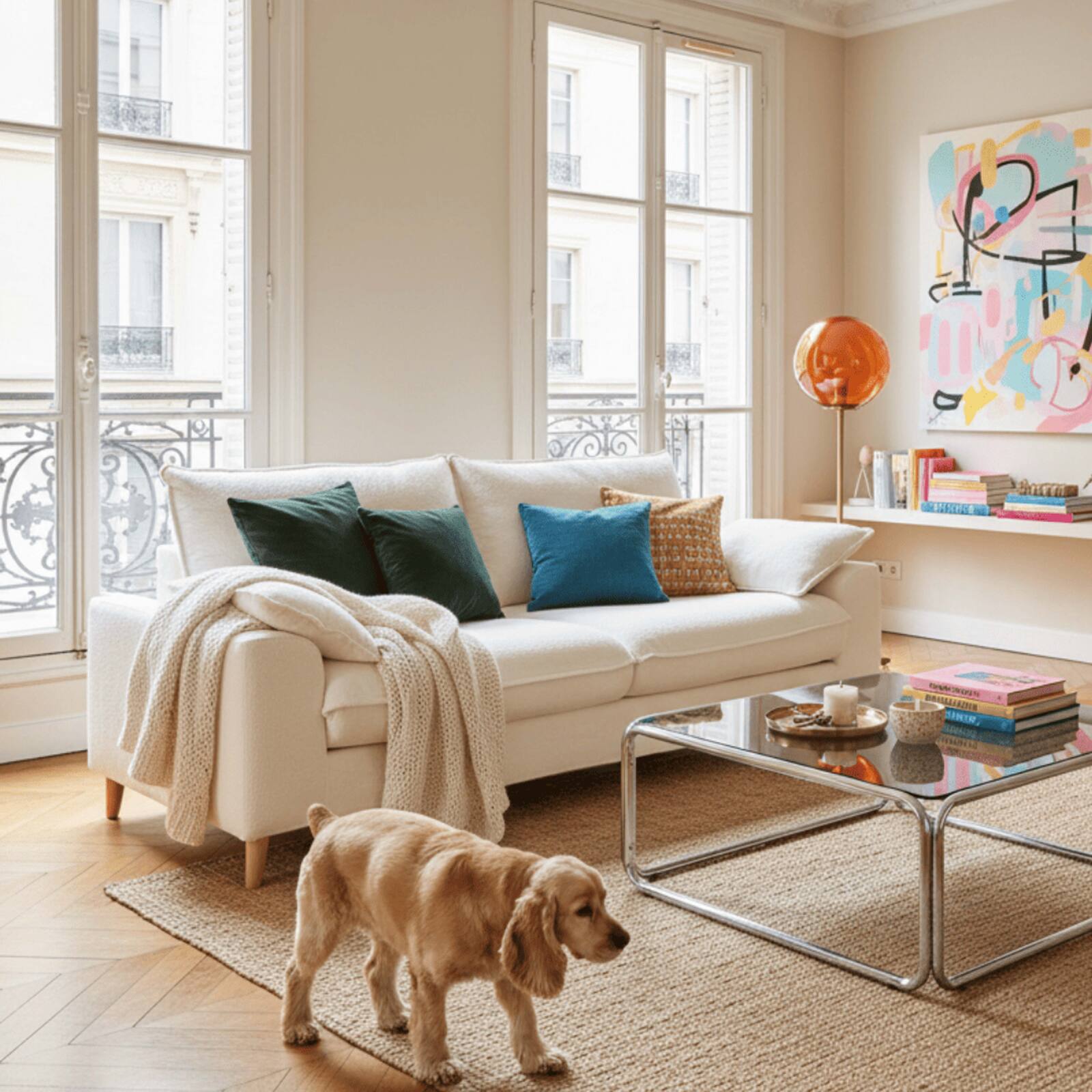 Canapé 3 places en tissu bouclette crème déhoussable avec coussins