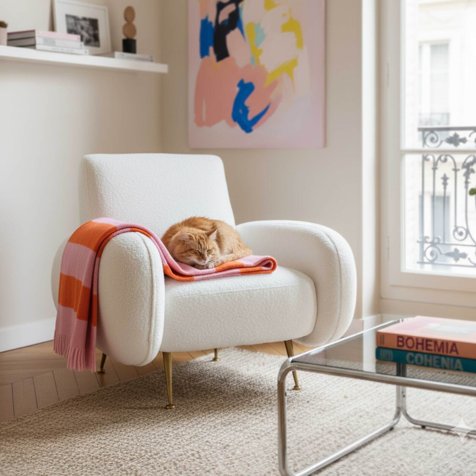 Fauteuil vintage en tissu bouclette et bois FSC®