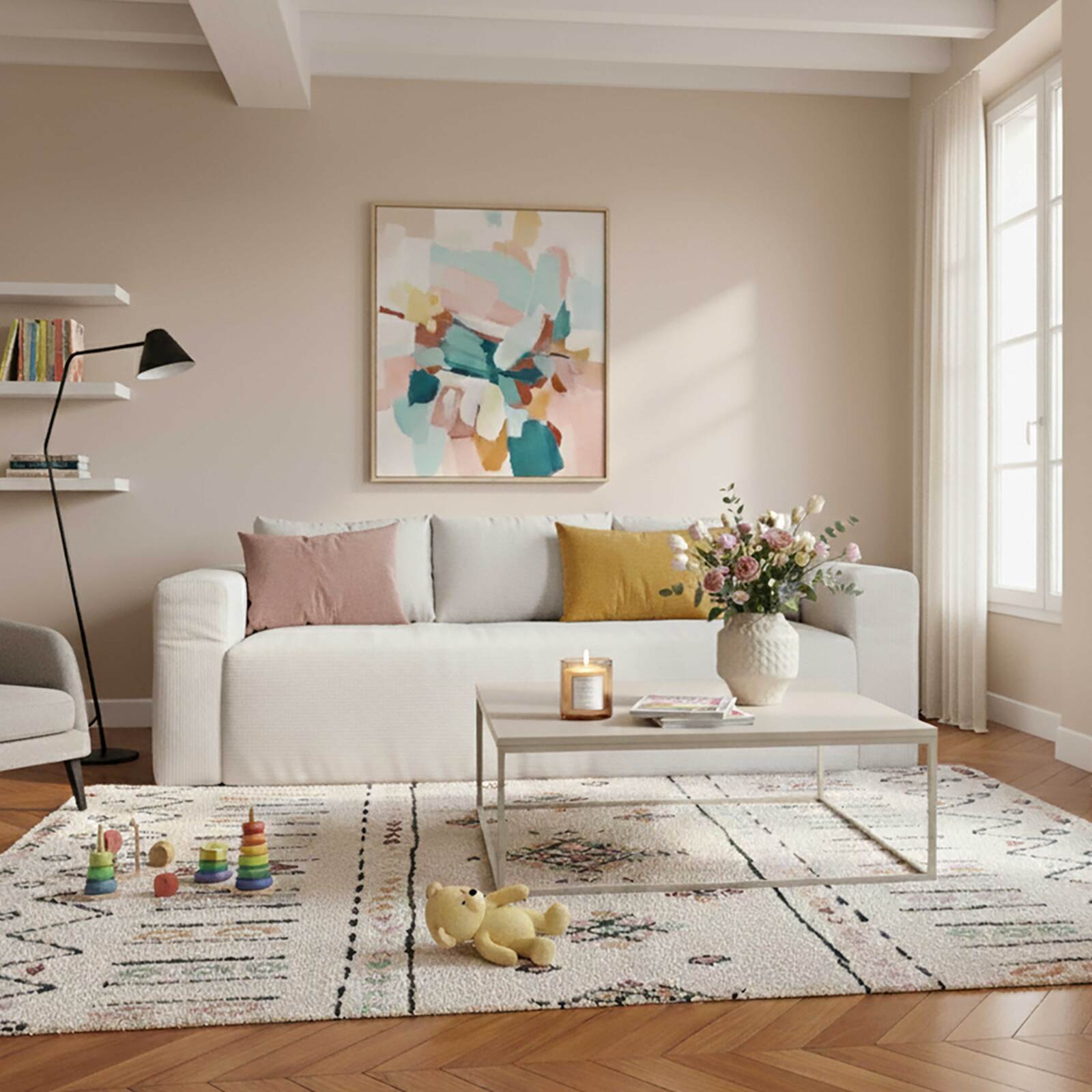 Canapé 3 places en tissu côtelé avec coussins Canapé 3 places en tissu côtelé avec coussins