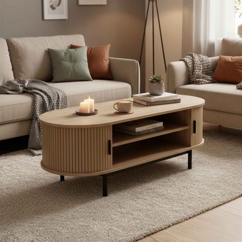 Table basse en métal et effet bois ovale 120x55 cm style scandinave