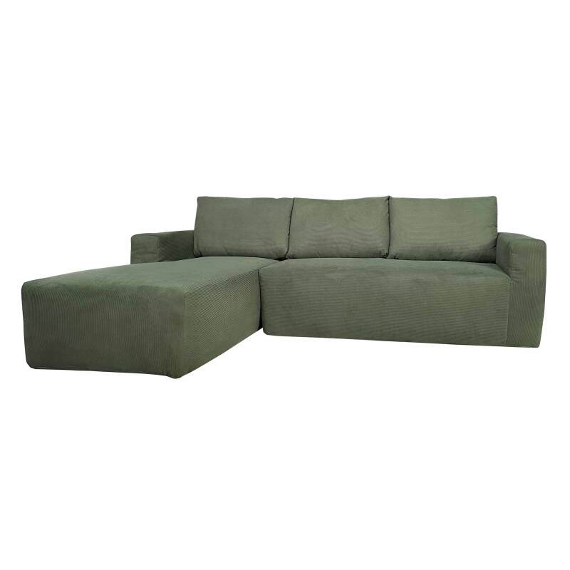 Canapé d'angle 4 places en tissu côtelé avec méridienne gauche et coussins