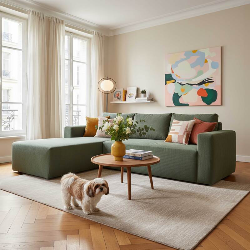 Canapé d'angle 4 places en tissu côtelé avec méridienne gauche et coussins