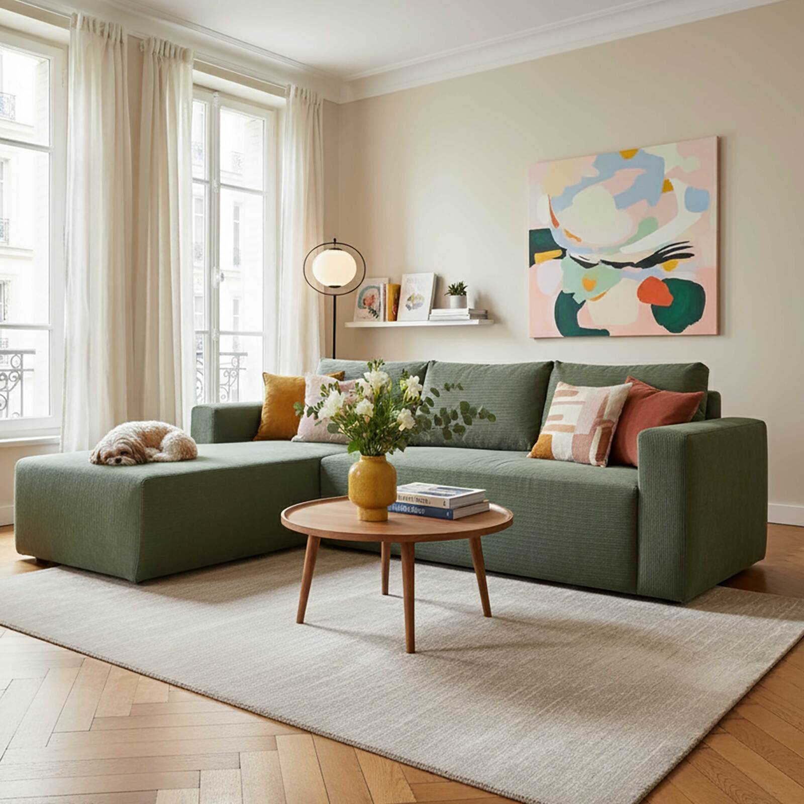 Canapé d'angle 4 places en tissu côtelé avec méridienne gauche et coussins