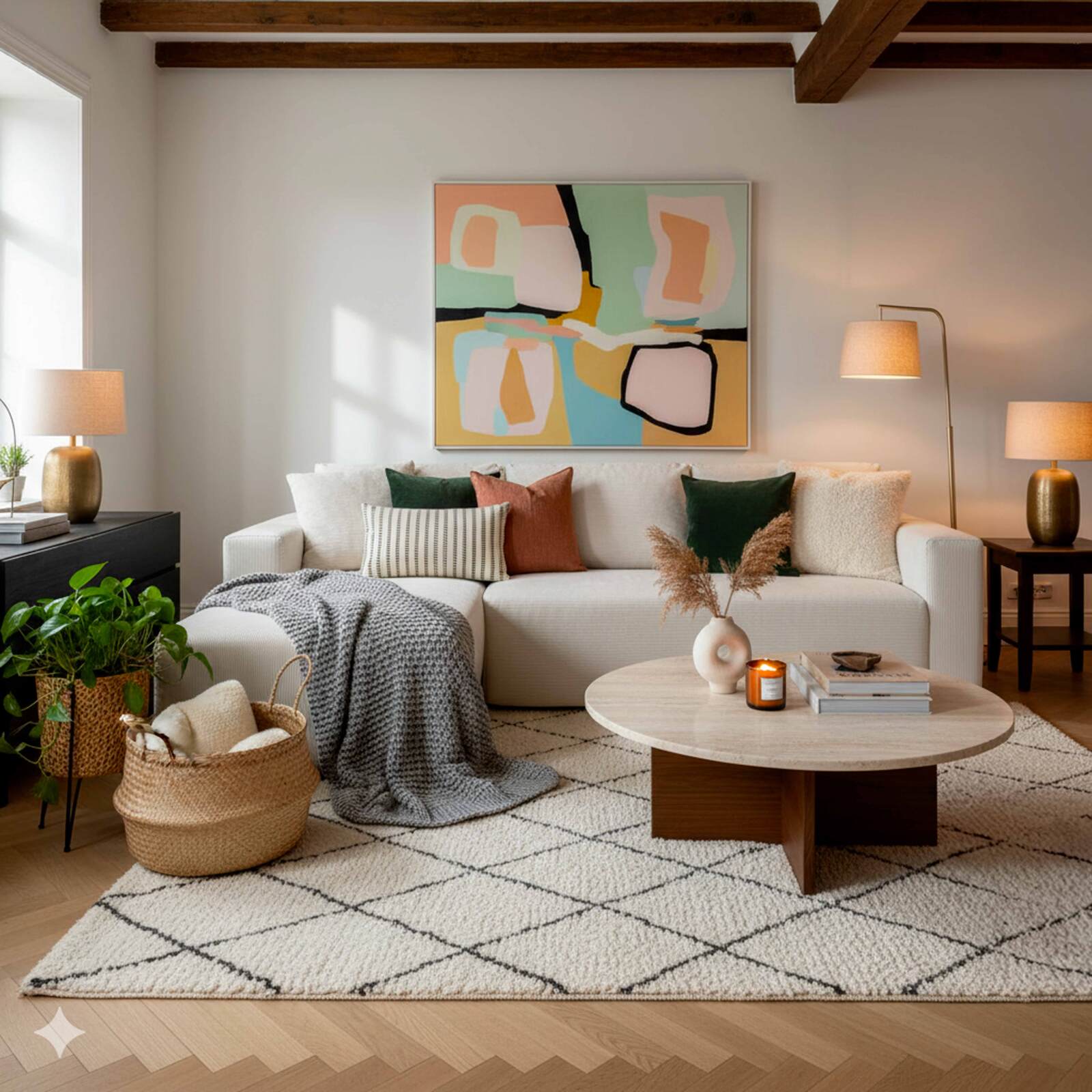 Canapé d'angle 4 places en tissu côtelé avec méridienne gauche et coussins