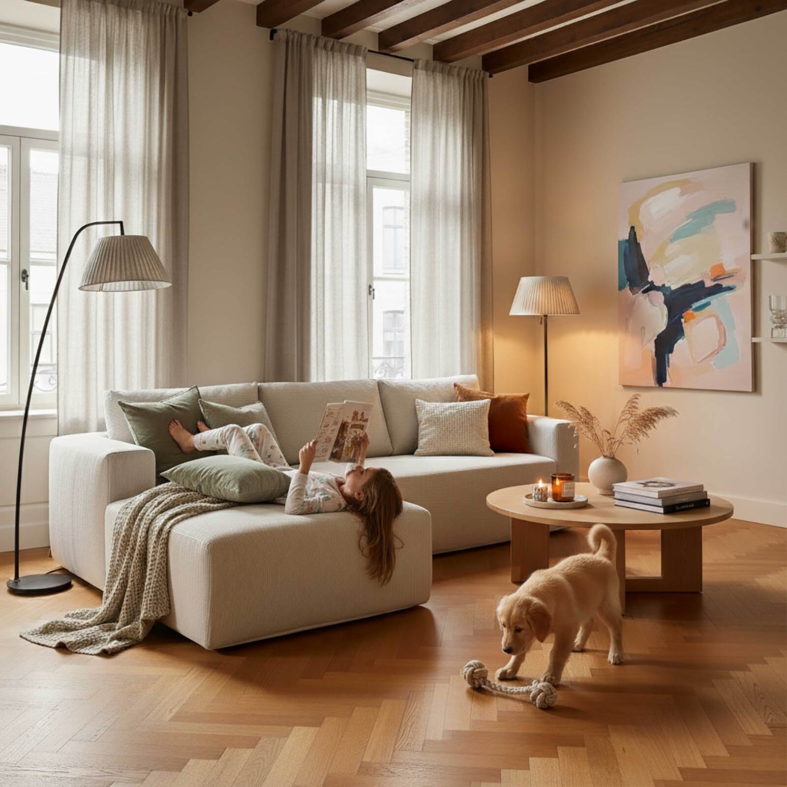 Canapé d'angle 4 places en tissu côtelé avec méridienne gauche et coussins Canapé d'angle 4 places en tissu côtelé avec méridienne gauche et coussins