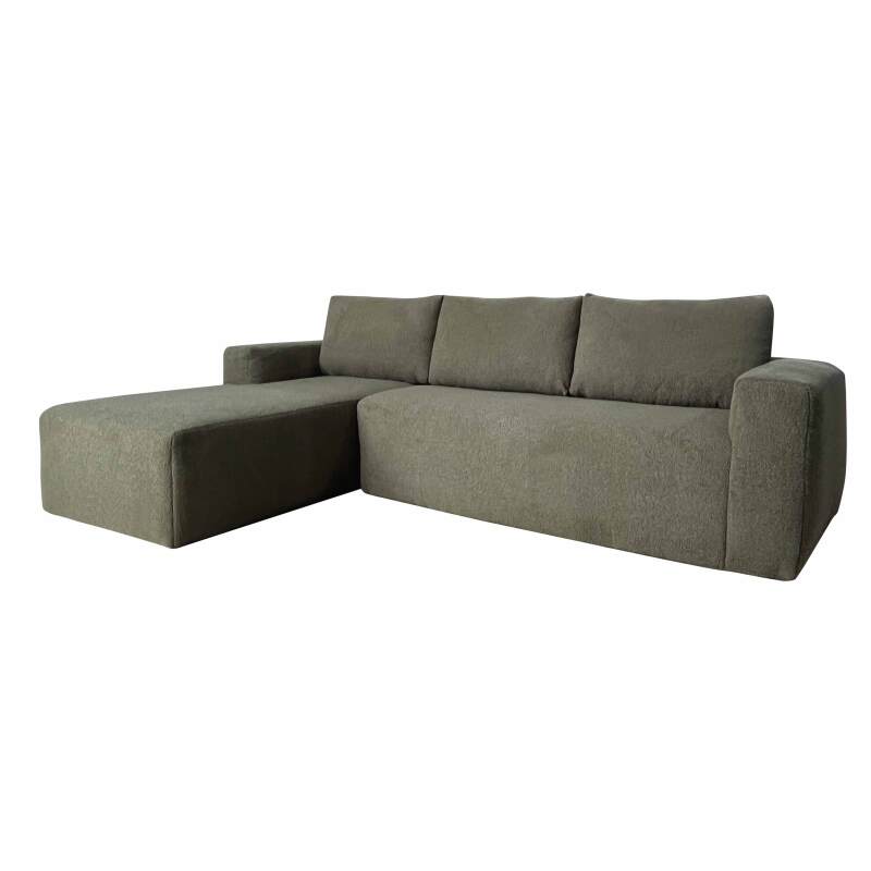 Canapé d'angle 4 places en tissu bouclette avec méridienne gauche et coussins