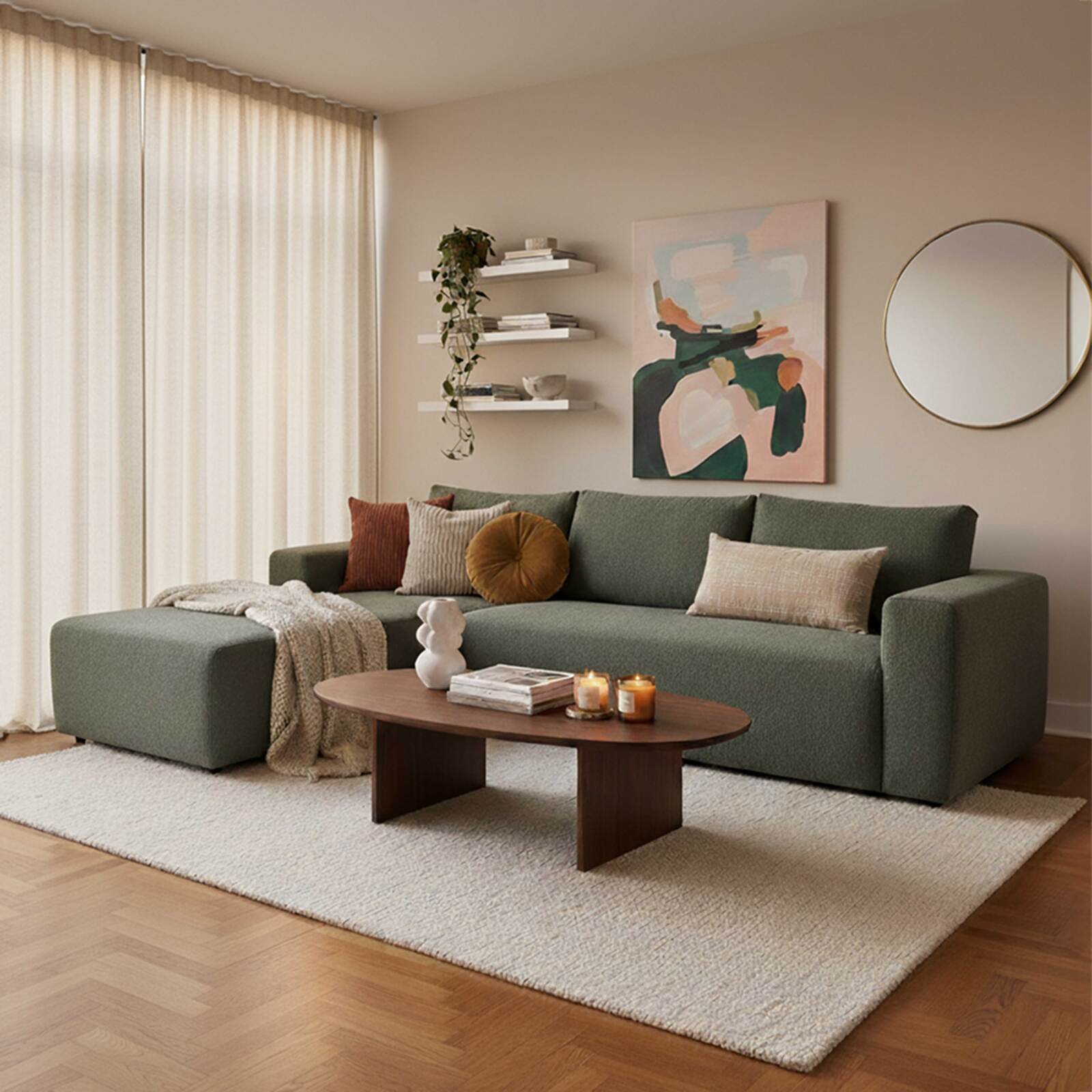 Canapé d'angle 4 places en tissu bouclette avec méridienne gauche et coussins