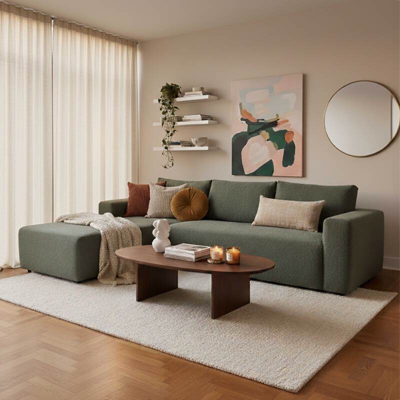 Canapé d'angle 4 places en tissu bouclette avec méridienne gauche et coussins