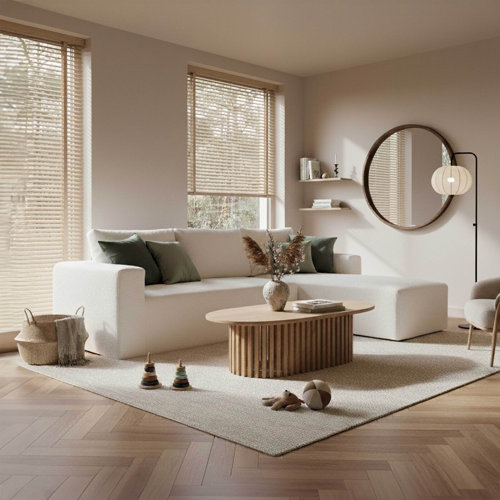 Canapé d'angle 4 places en tissu bouclette avec méridienne droite et coussins Canapé d'angle 4 places en tissu bouclette avec méridienne droite et coussins