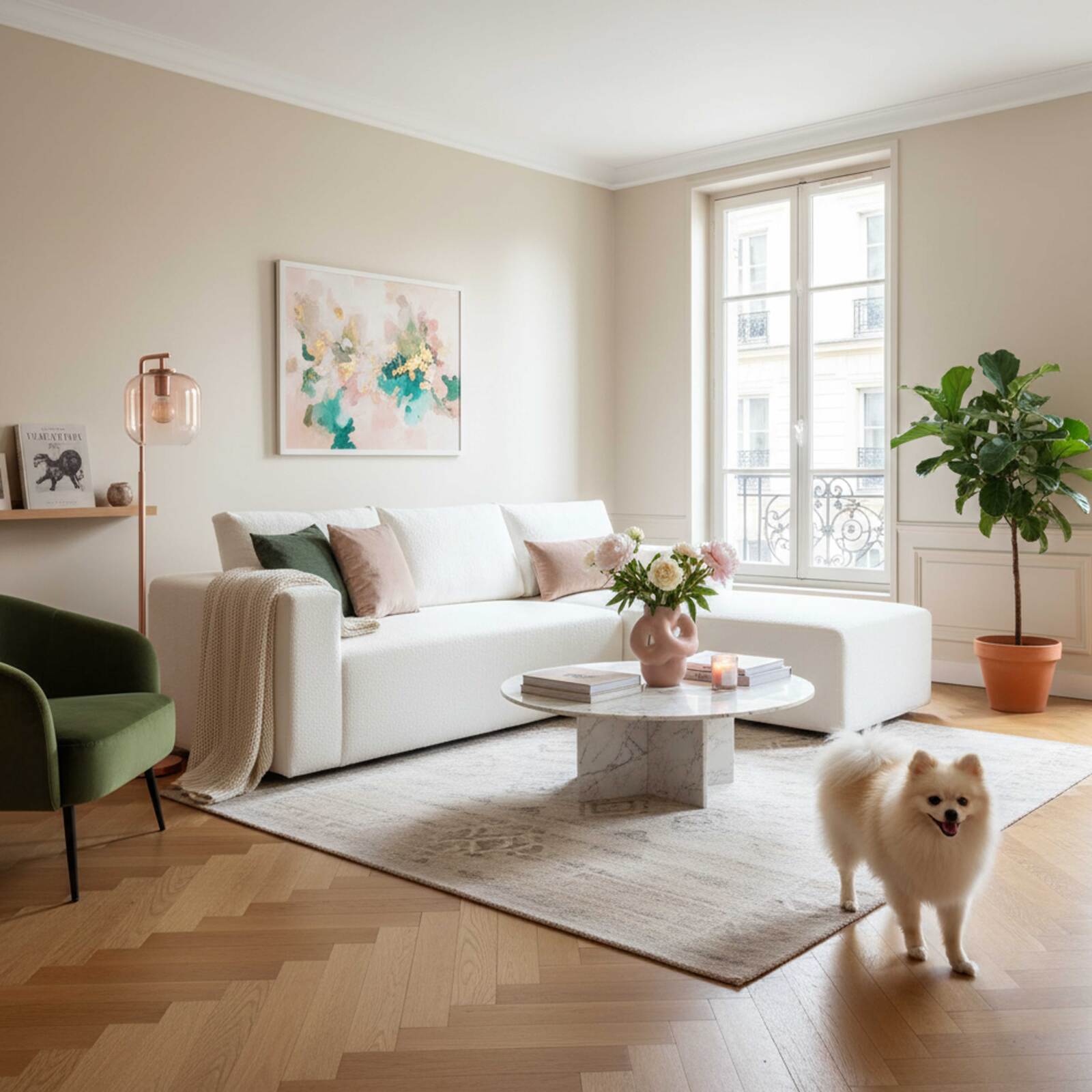 Canapé d'angle 4 places en tissu bouclette avec méridienne droite et coussins Canapé d'angle 4 places en tissu bouclette avec méridienne droite et coussins