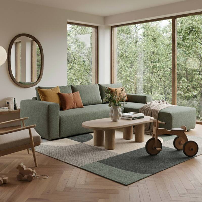 Canapé d'angle 4 places en tissu bouclette avec méridienne droite et coussins