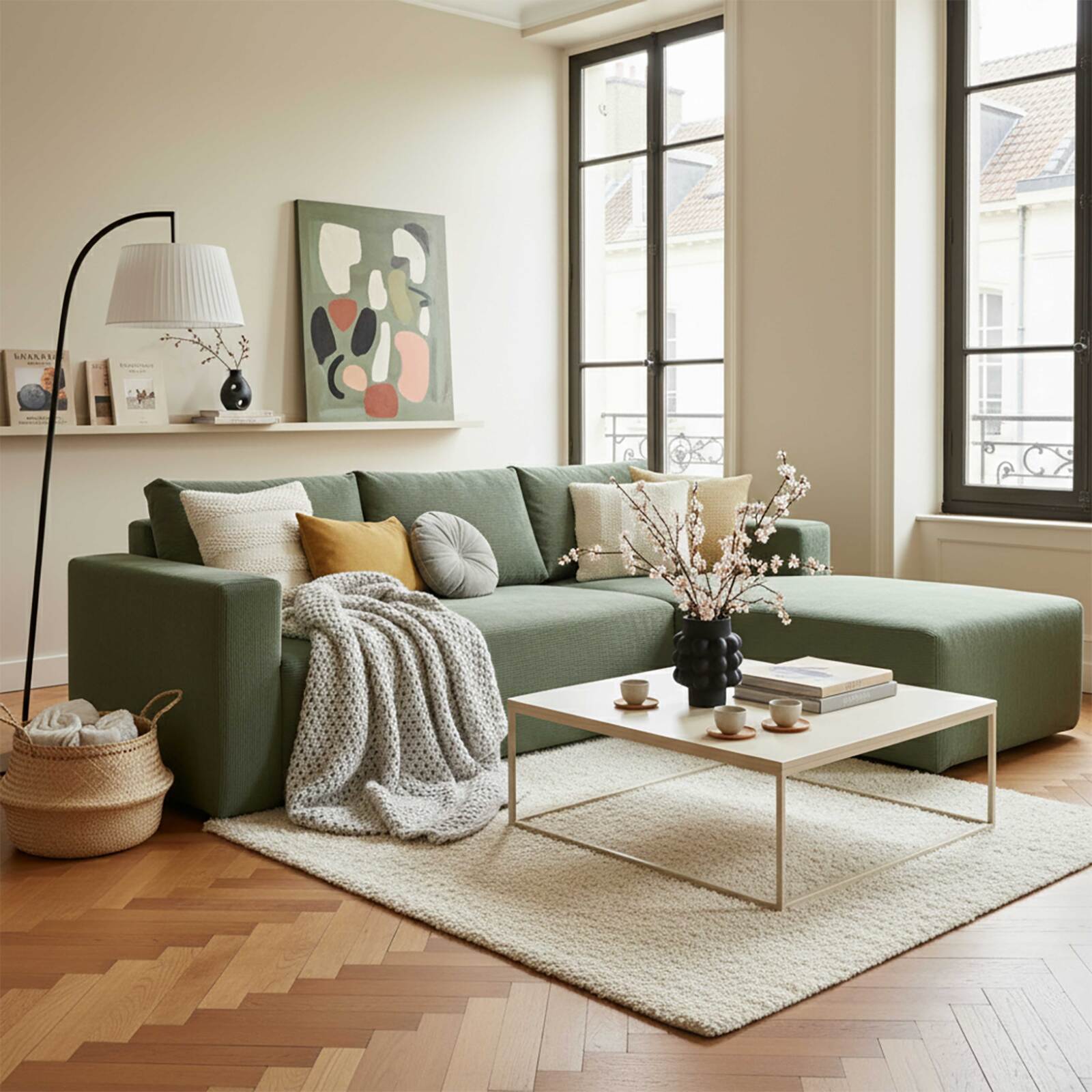 Canapé d'angle 4 places en tissu côtelé avec méridienne droite et coussins