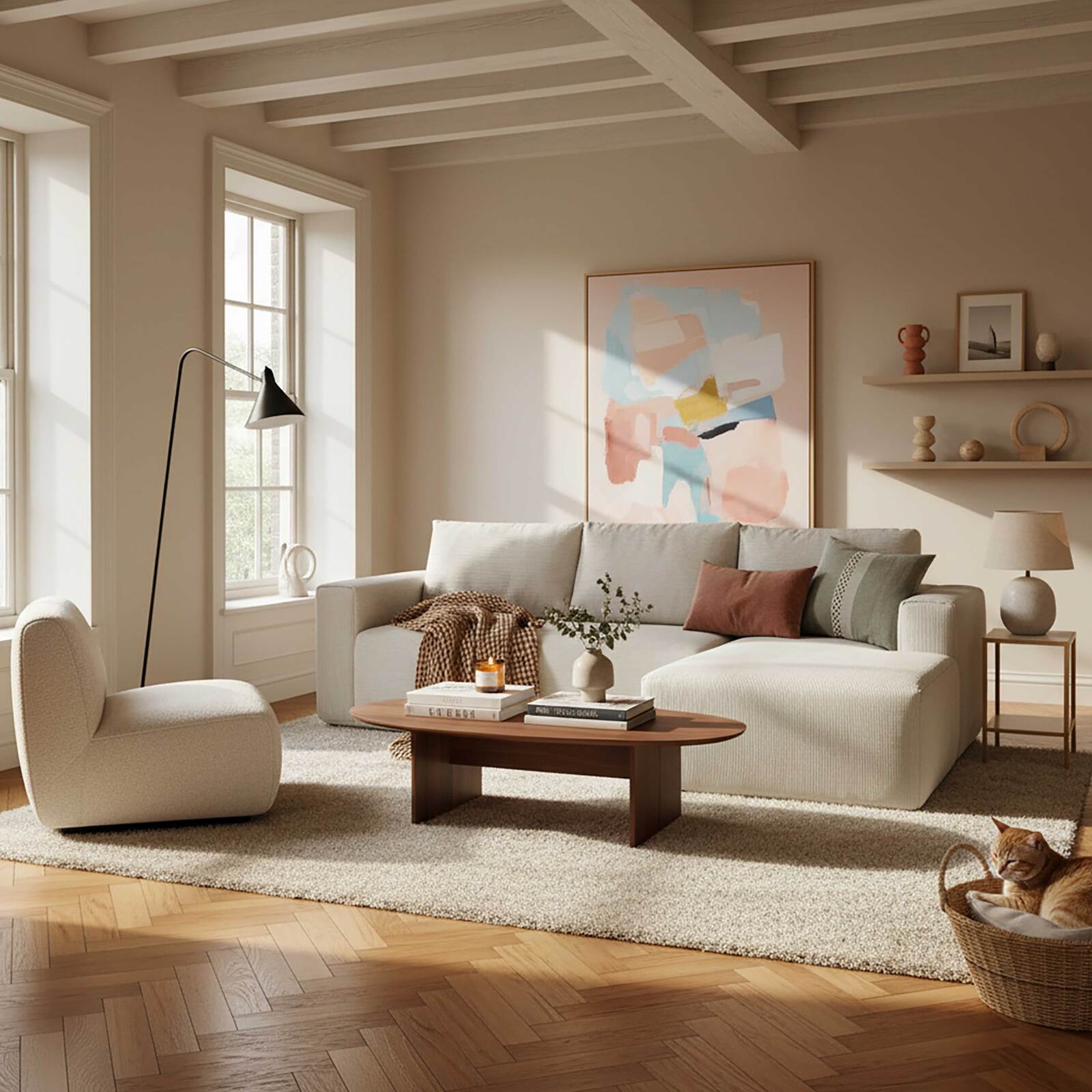 Canapé d'angle 4 places en tissu côtelé avec méridienne droite et coussins