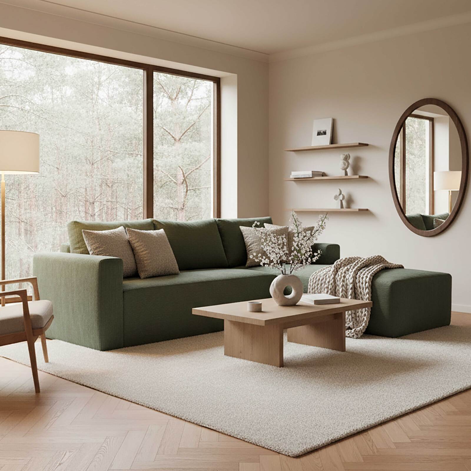 Canapé d'angle 4 places en tissu côtelé avec méridienne droite et coussins