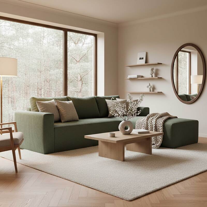 Canapé d'angle 4 places en tissu côtelé avec méridienne droite et coussins