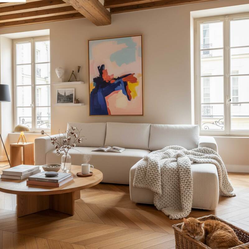 Canapé d'angle 4 places en tissu côtelé avec méridienne droite et coussins (4/5)