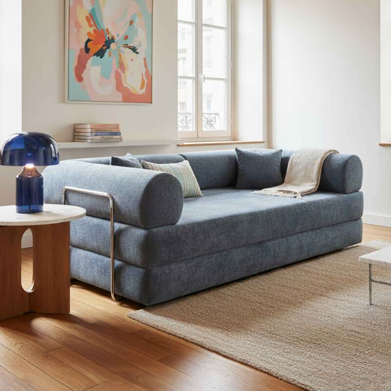 Canapé convertible 2 places en tissu avec coussins