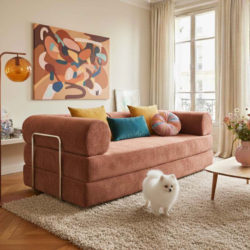 Canapé convertible 2 places en tissu avec coussins