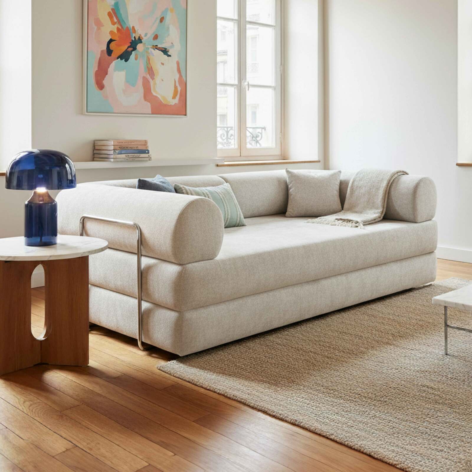 Canapé convertible 2 places en tissu avec coussins