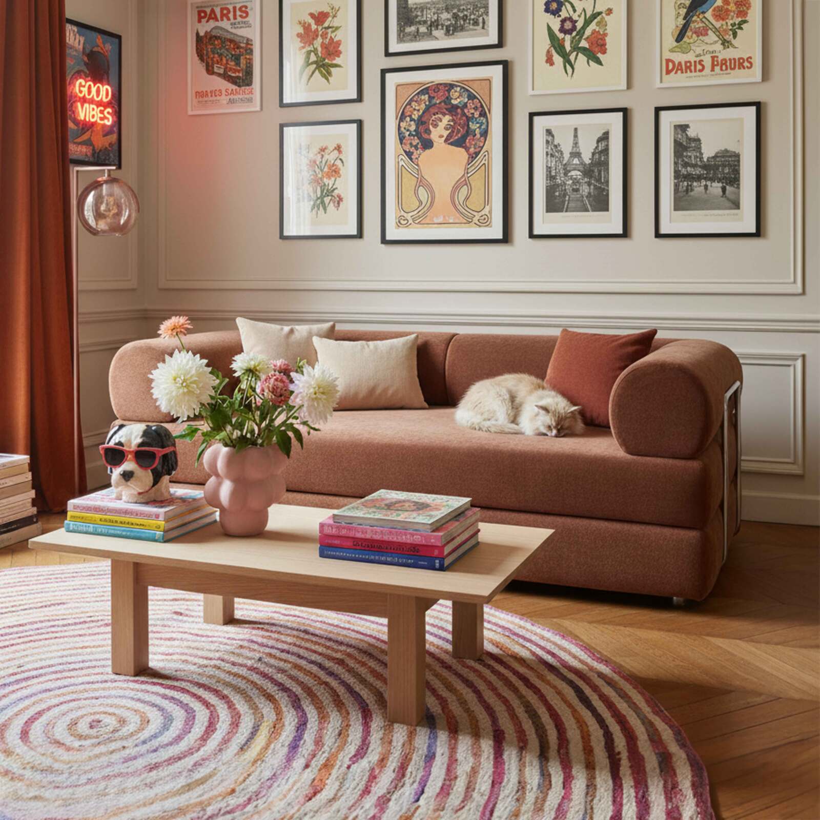 Canapé convertible 2 places en tissu avec coussins