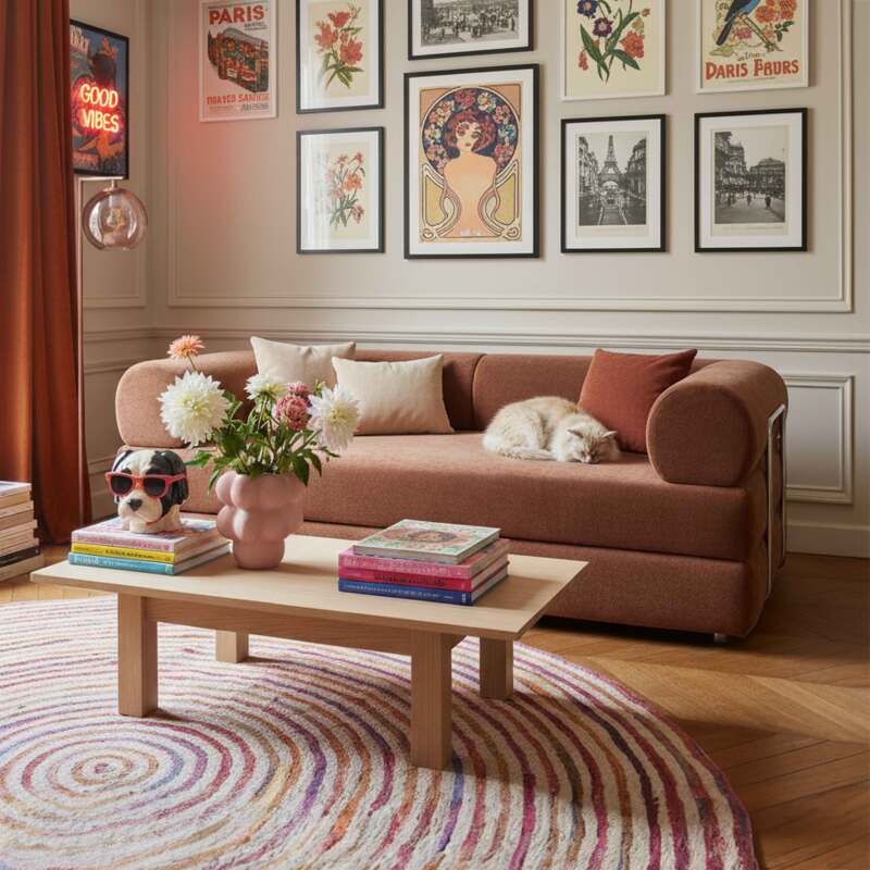 Canapé convertible 2 places en tissu avec coussins (7/8)