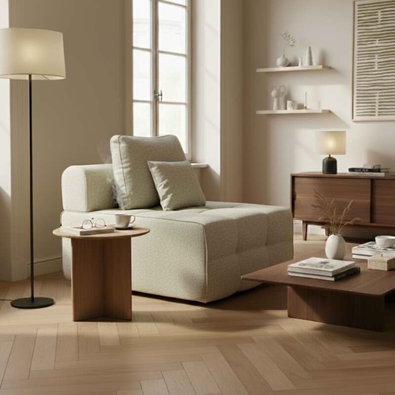 Module centrale 1 place pour canapé en tissu avec coussins