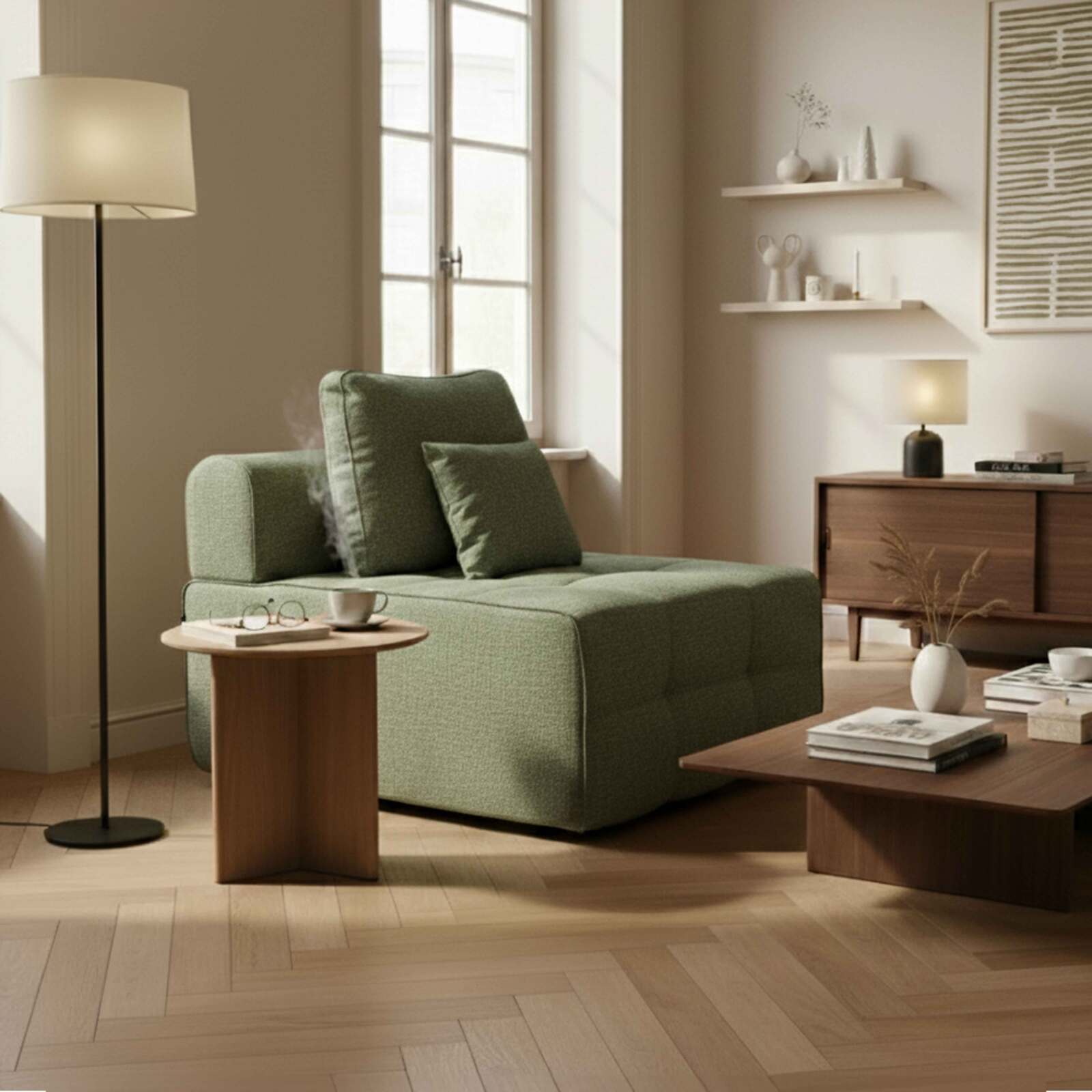 Module centrale 1 place pour canapé en tissu avec coussins