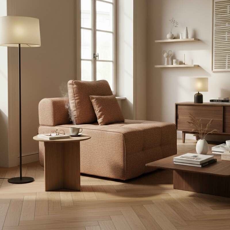 Module centrale 1 place pour canapé en tissu avec coussins