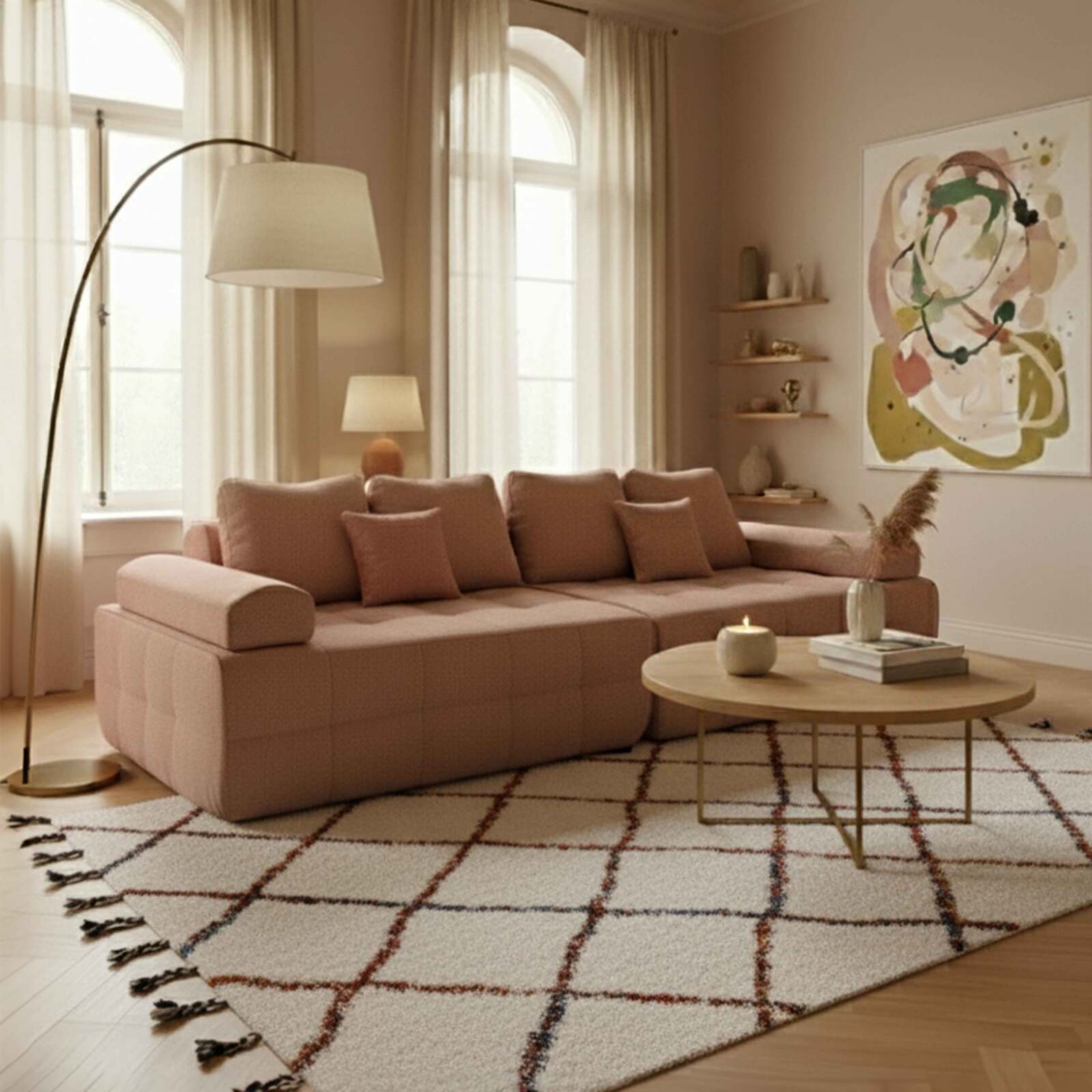 Canapé 4 places en tissu avec coussins 