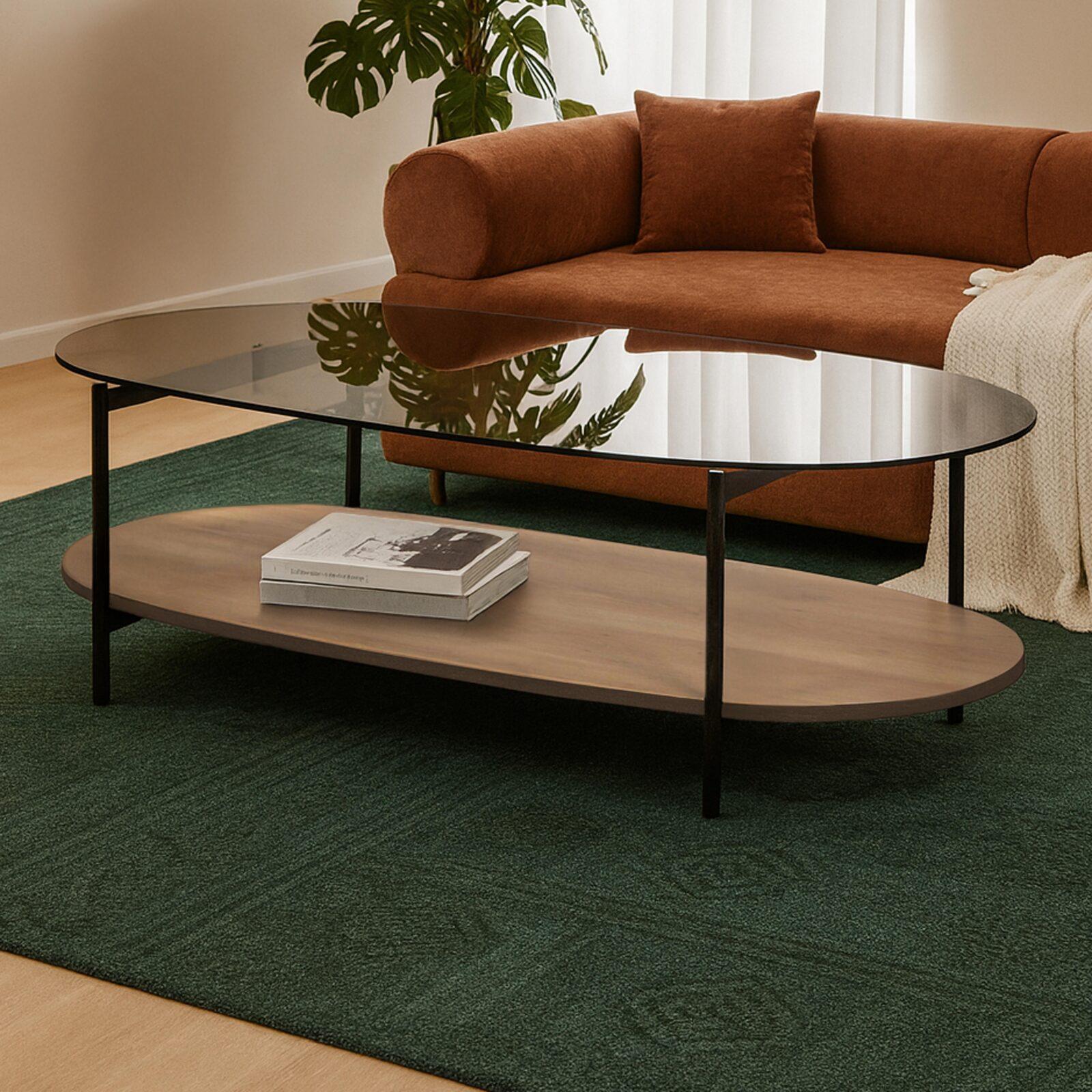 Table basse en verre fumé et effet bois ovale 120 x 55 x 40 cm Table basse en verre fumé et effet bois ovale 120 x 55 x 40 cm