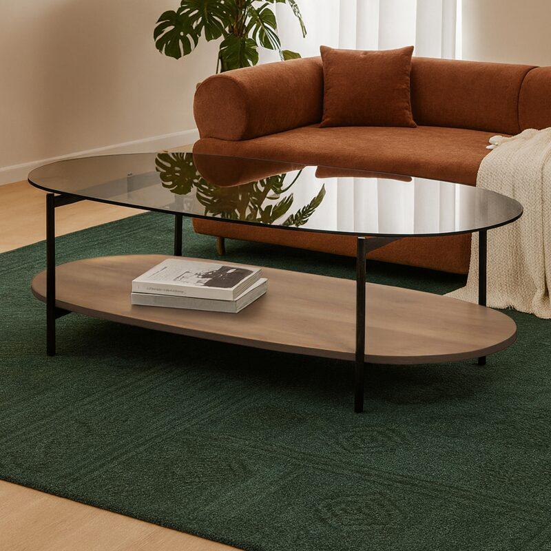 Table basse en verre fumé et effet bois ovale 120 x 55 x 40 cm