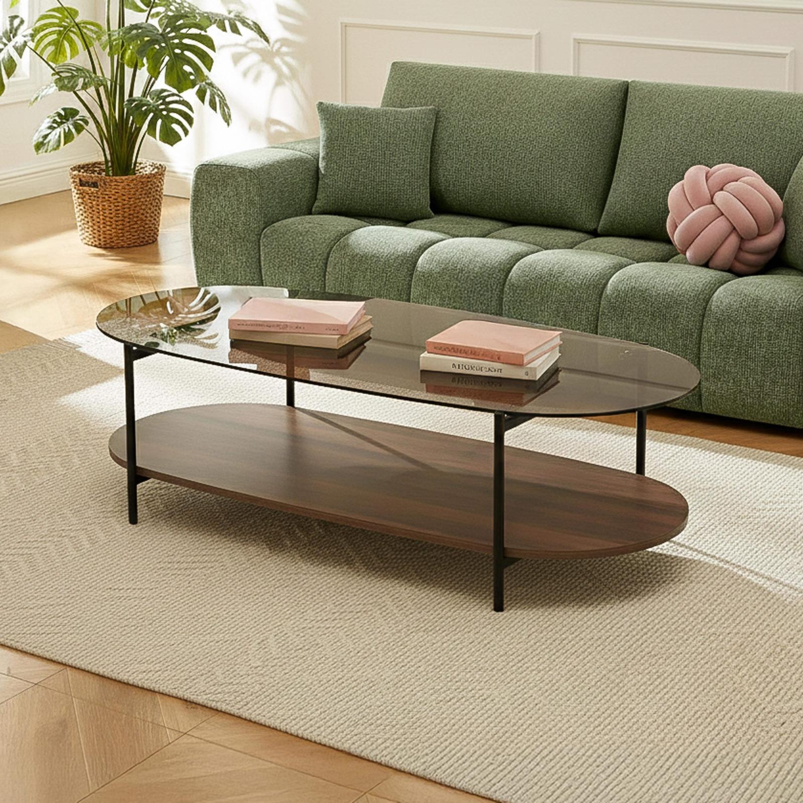 Table basse en verre et effet bois foncé ovale 120 x 55 x 40 cm