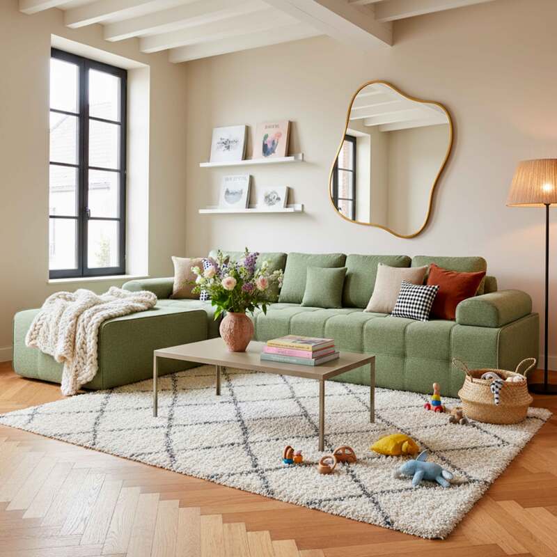 Canapé modulable 4 places en tissu avec pouf et coussins