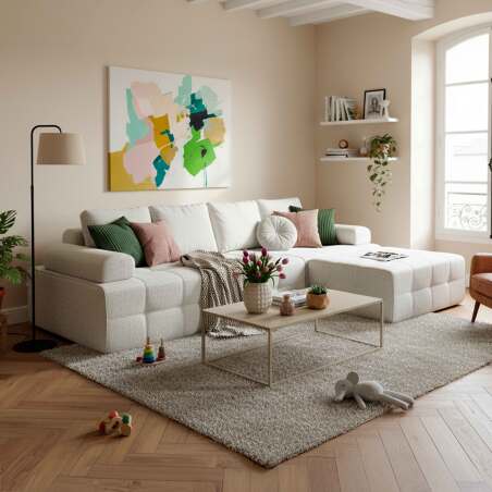 Canapé modulable 4 places en tissu avec pouf et coussins