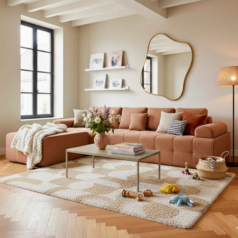 Canapé modulable 4 places en tissu avec pouf et coussins