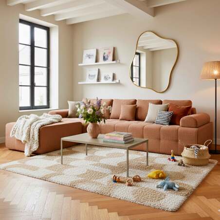 Canapé modulable 4 places en tissu avec pouf et coussins