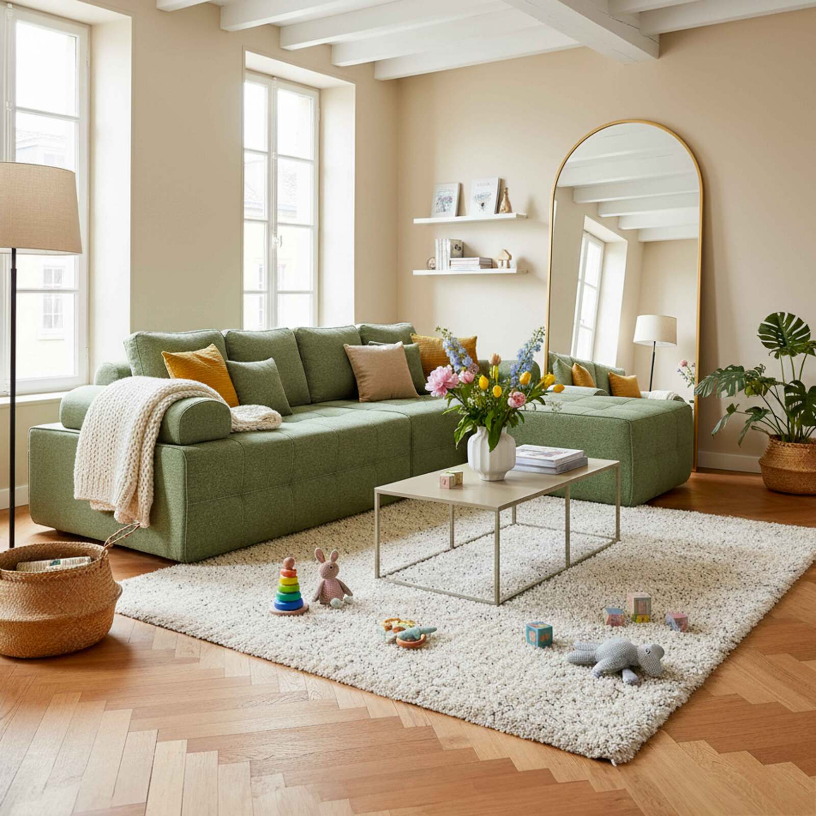 Canapé modulable 4 places en tissu avec pouf et coussins