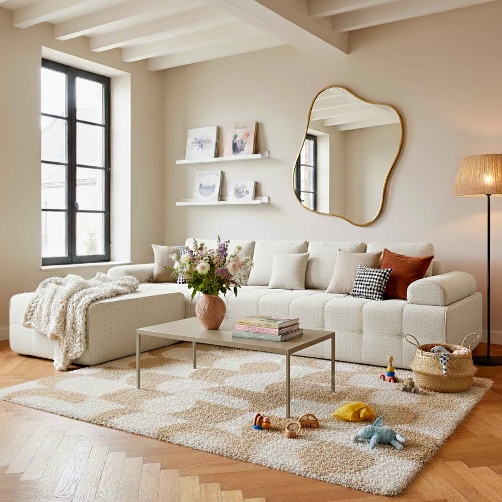 Canapé modulable 4 places en tissu avec pouf et coussins