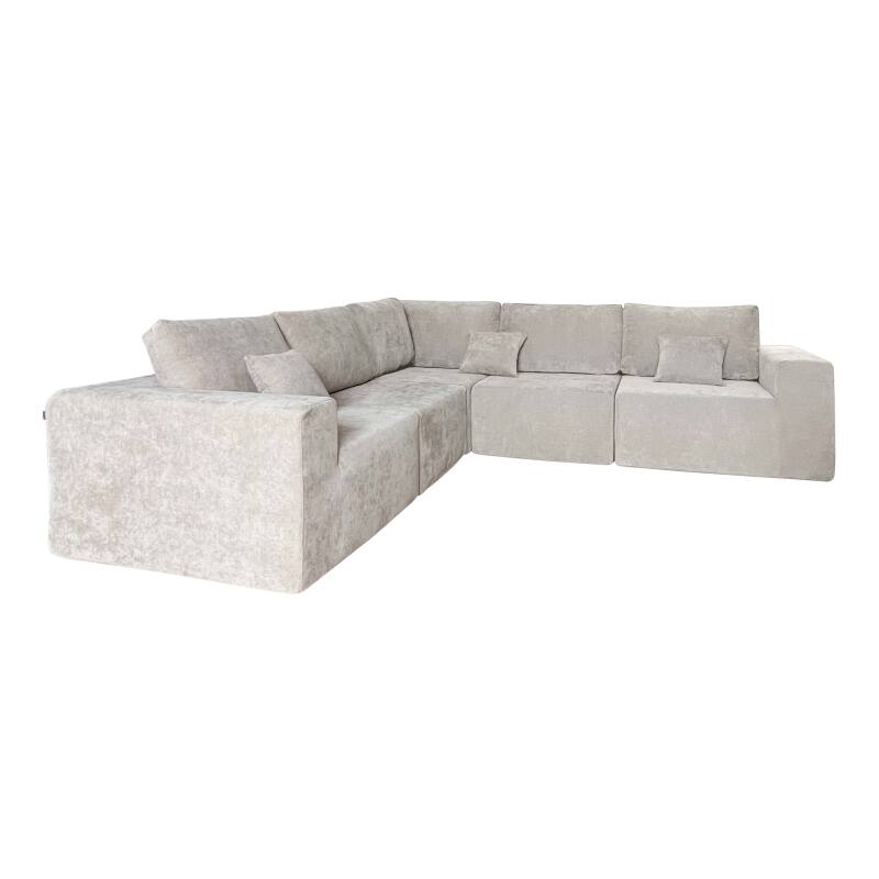 Canapé d'angle 5 places en tissu avec méridienne et coussins