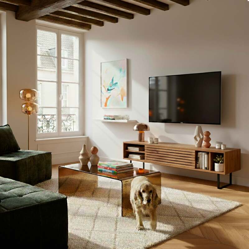 Meuble TV noir et effet bois 160 cm (3/4)