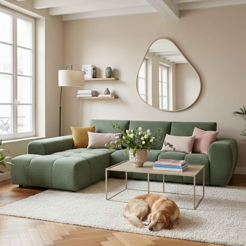 Canapé d'angle 3 places en tissu avec méridienne gauche et coussins