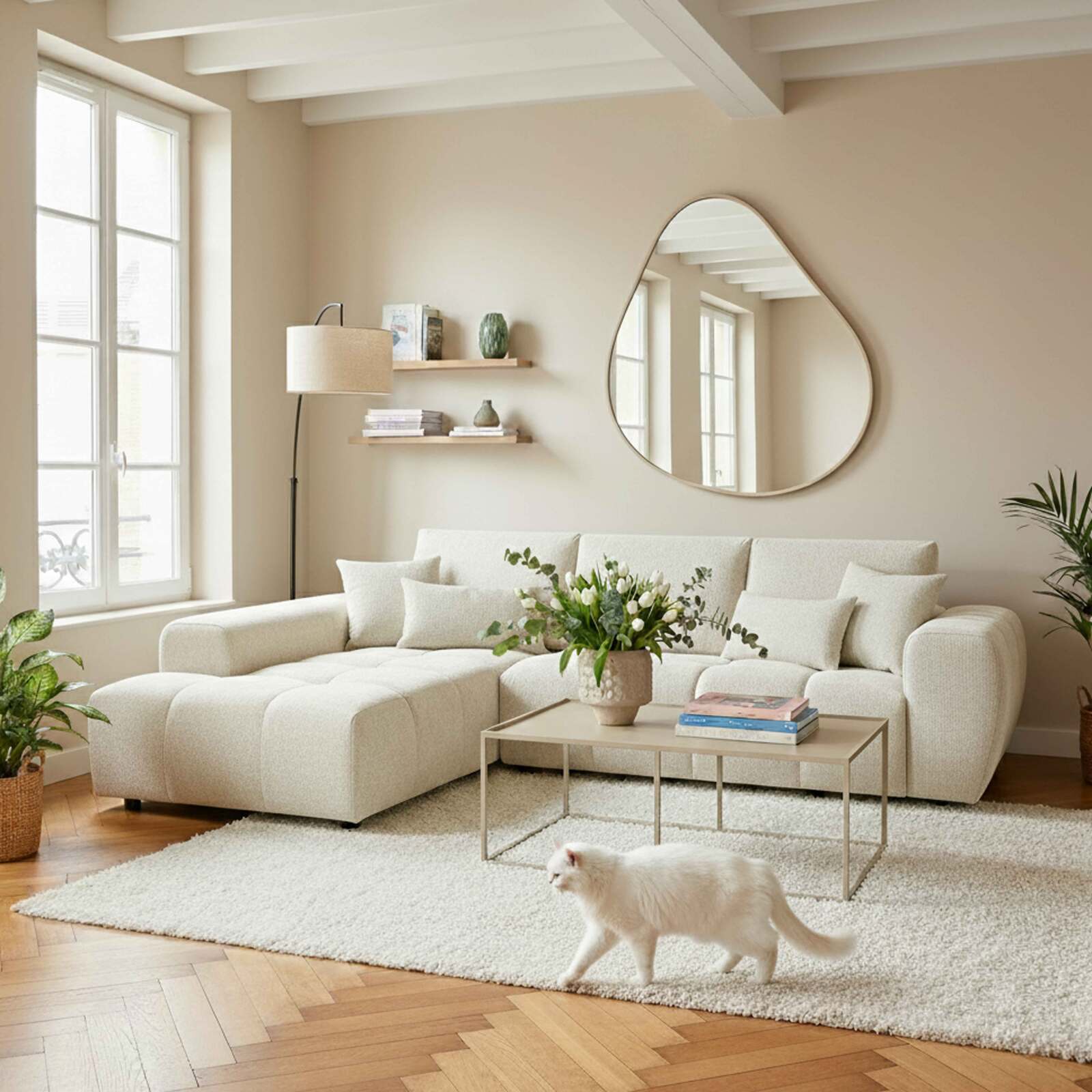 Canapé d'angle 3 places en tissu avec méridienne gauche et coussins