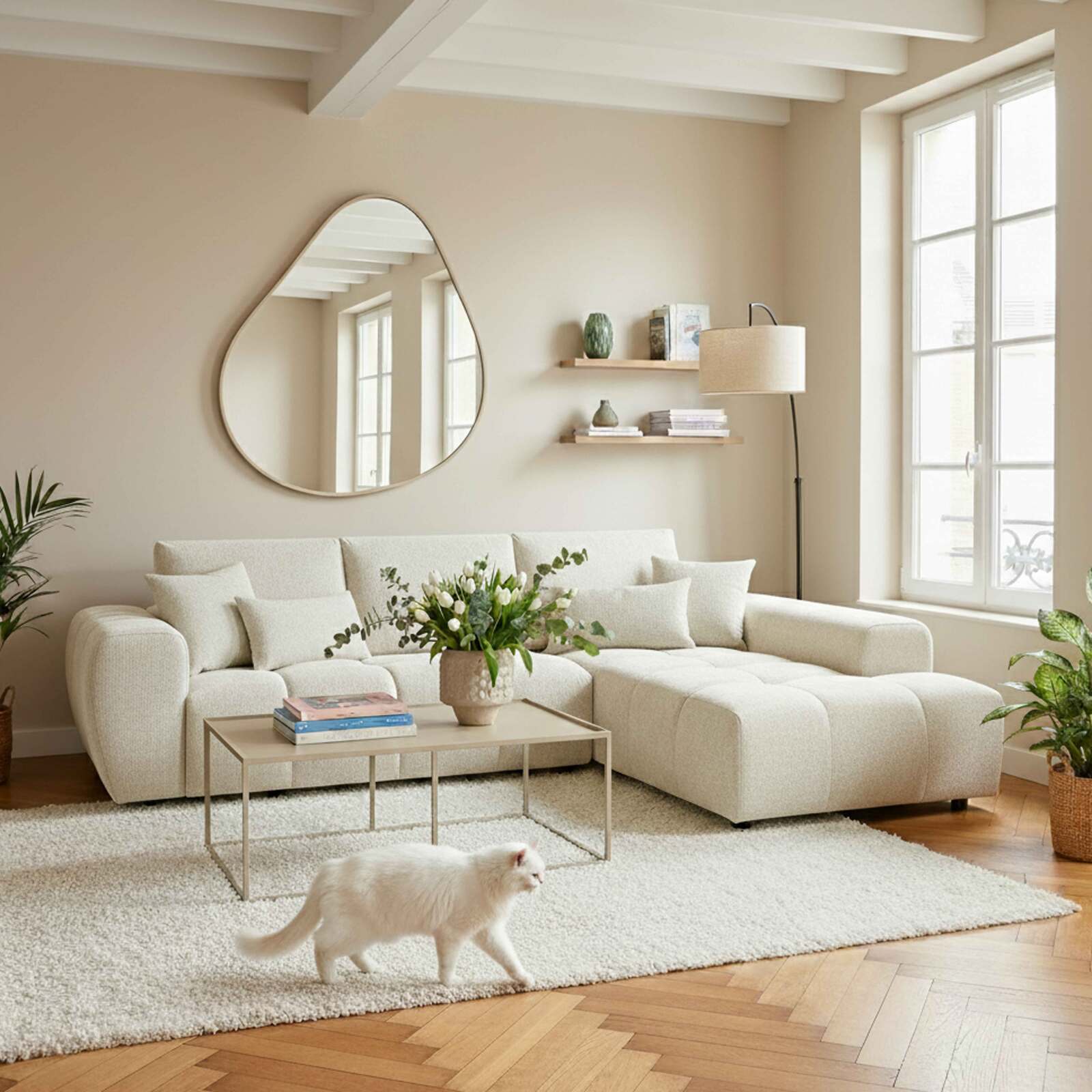 Canapé d'angle 3 places en tissu avec méridienne droite et coussins