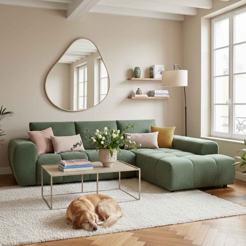 Canapé d'angle 3 places en tissu avec méridienne droite et coussins