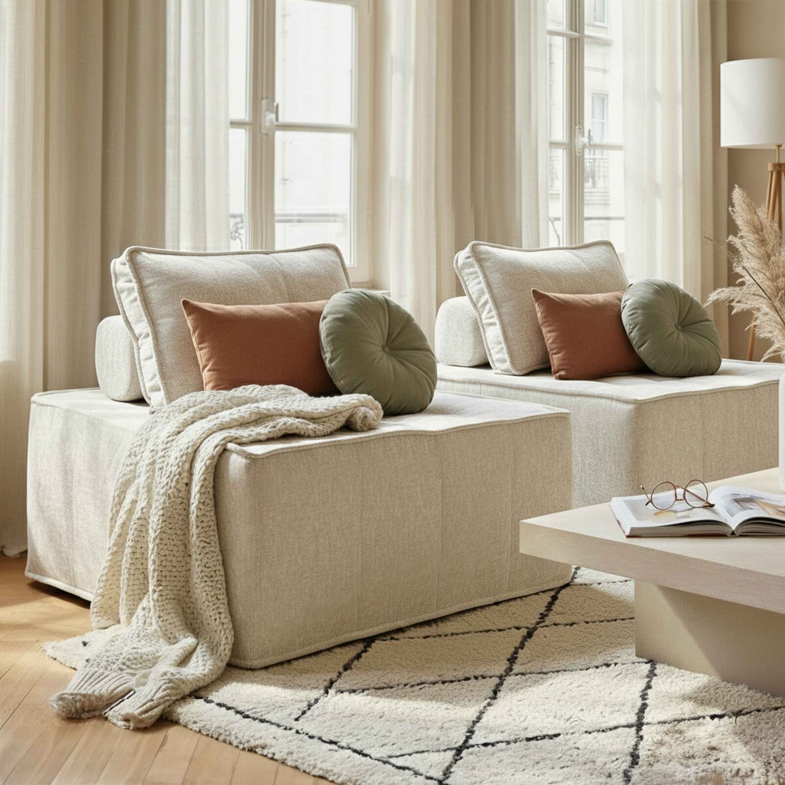 Canapé modulable 2 places en tissu avec coussins 