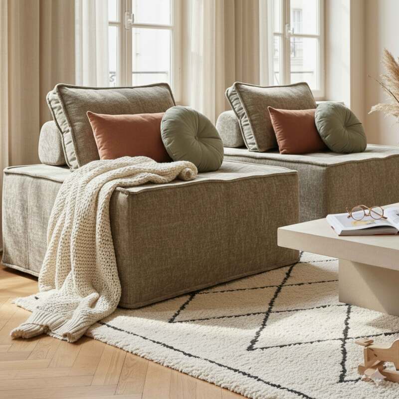 Canapé modulable 2 places en tissu avec coussins 