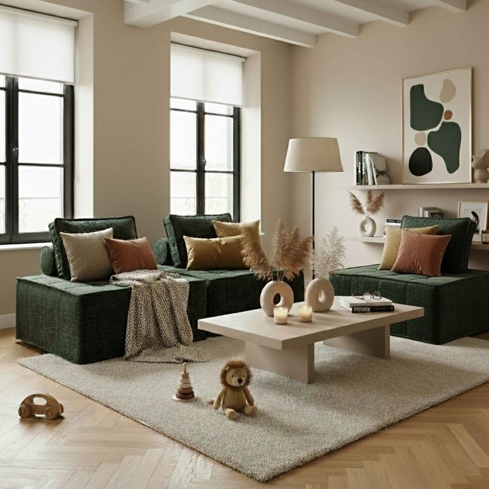 Canapé modulable 3 places en tissu avec coussins 