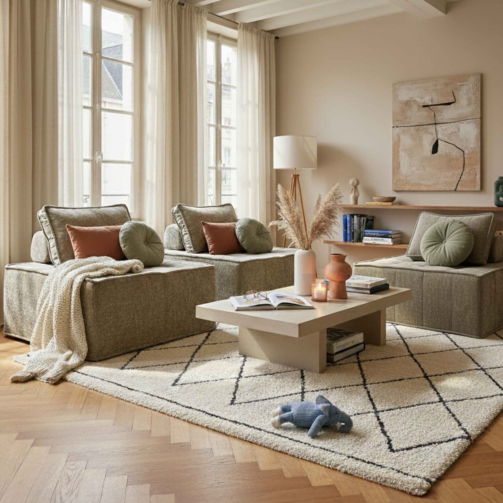 Canapé modulable 3 places en tissu avec coussins 