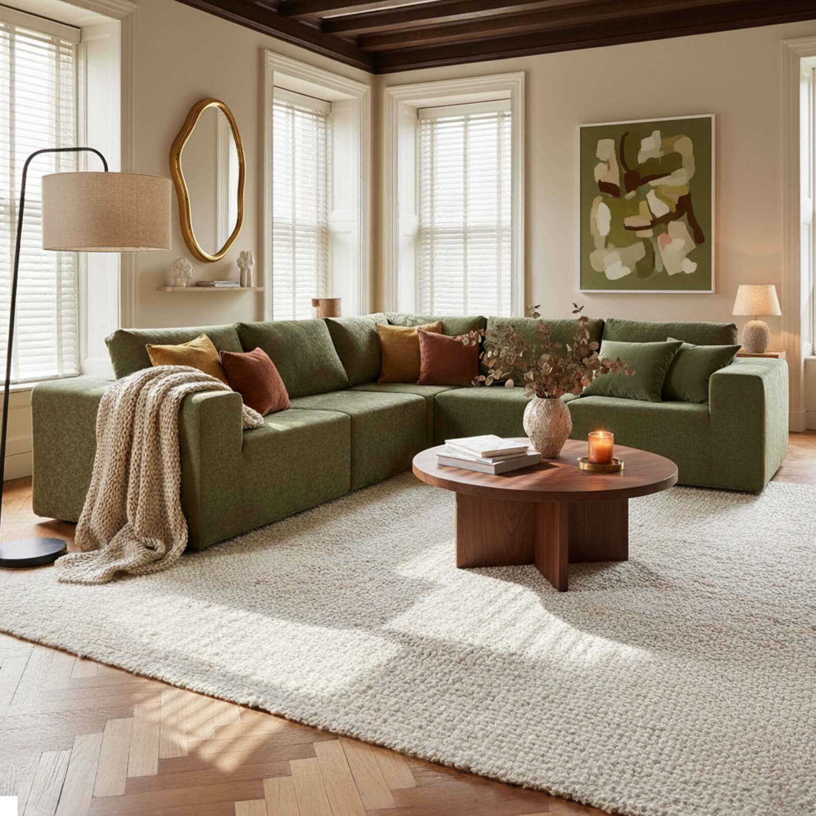 Canapé modulable d'angle 5 places en tissu avec coussins