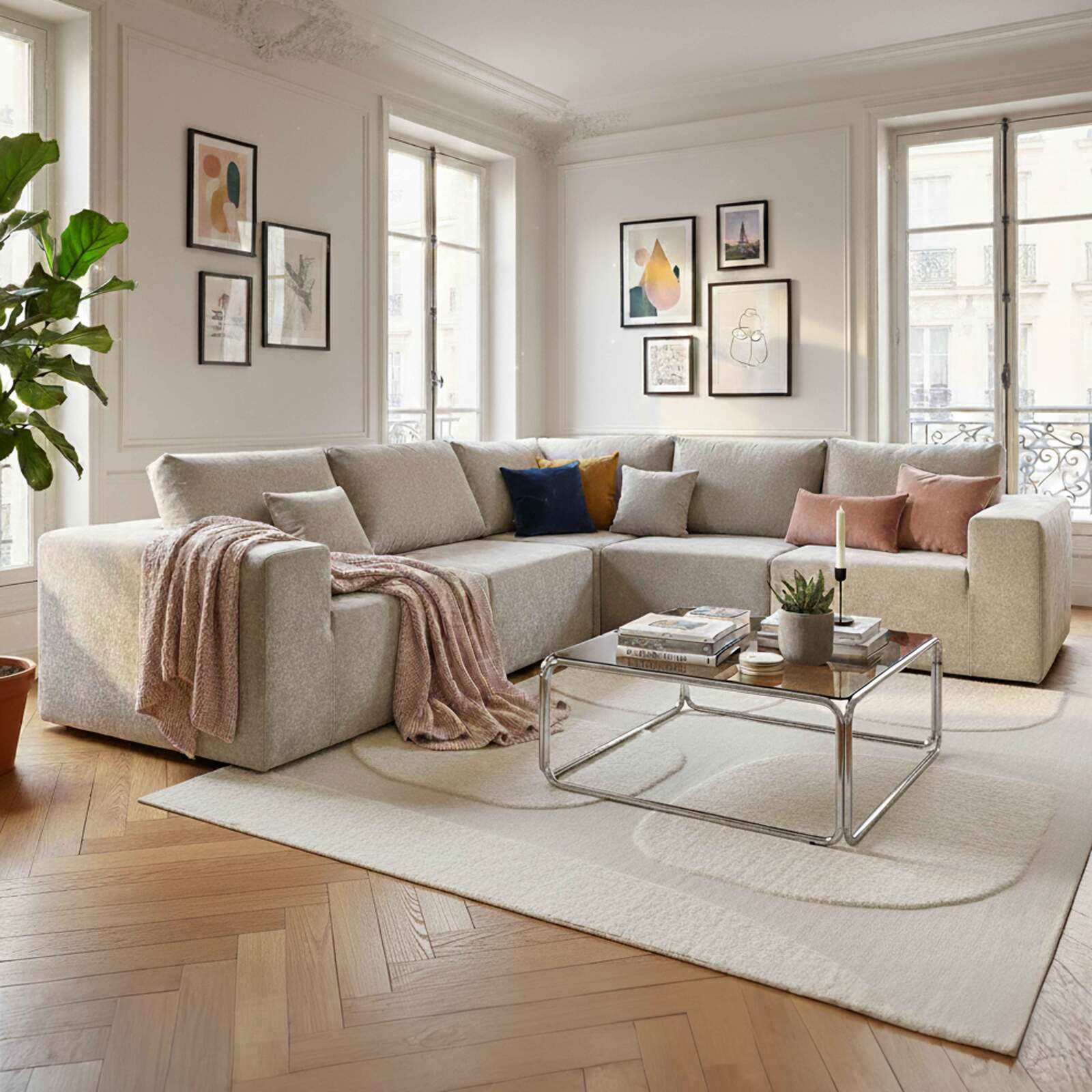 Canapé modulable d'angle 5 places en tissu avec coussins